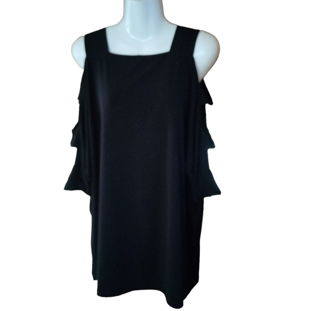neiman marcus cold shoulder cutout black tunic polyester size large 3/4 sleeve